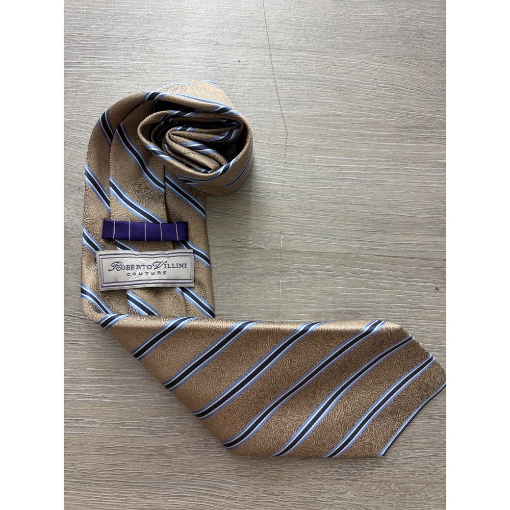 Roberto Villini Couture Silk Tie Tan Paisley Blue Stripes Purple Lining Mens